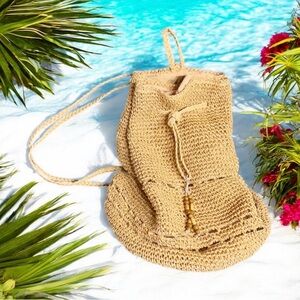 X  Large Woven Straw Backpack Drawstring Bag Beach Boho Summer Tan Beads